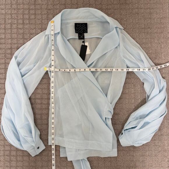 NWT NY 77 Design Celine Blouse Long Sleeve Wrap Top Light Blue Cotton Size 1 - Picture 4 of 6